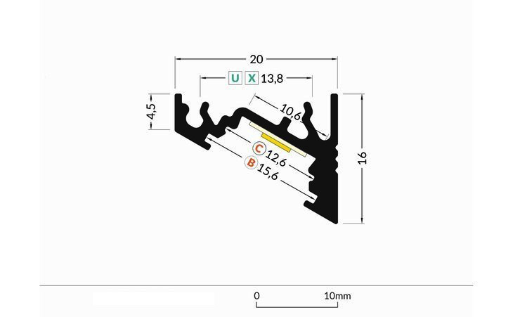 LED hoekprofiel met afdekking 12,6mm 20 mm x 16 mm - C14ALU