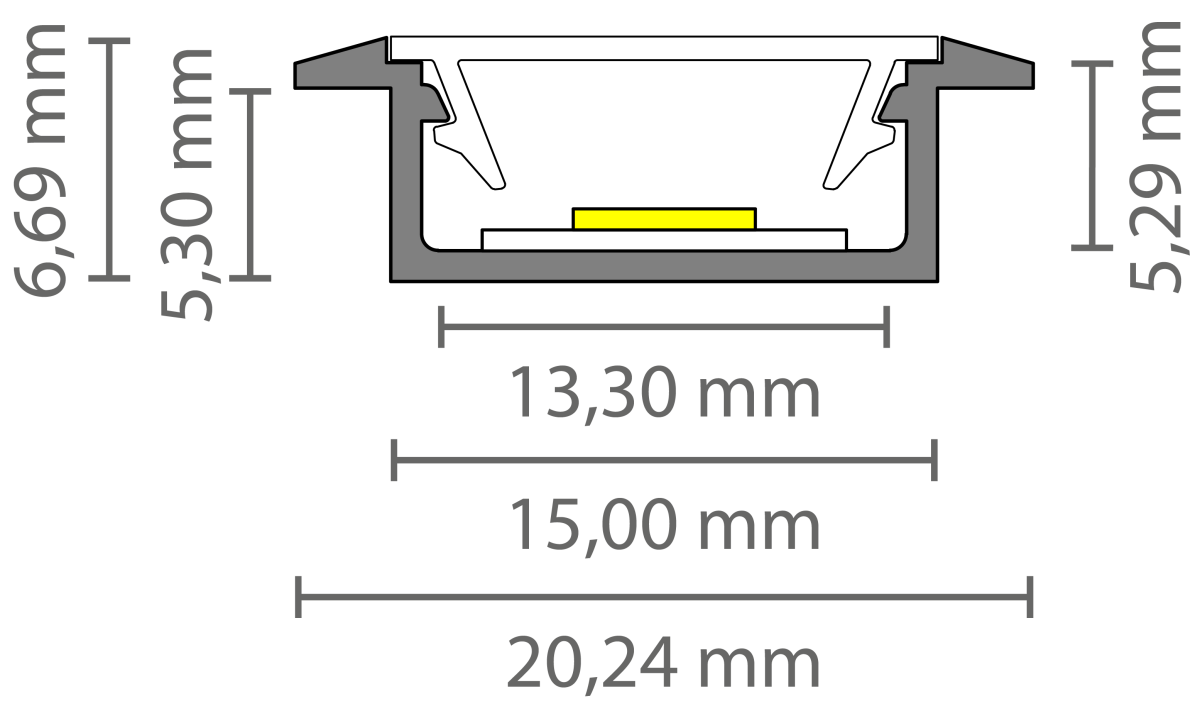 Verzonken LED strip profiel met klikcover 15 mm x 6mm - 308ALU
