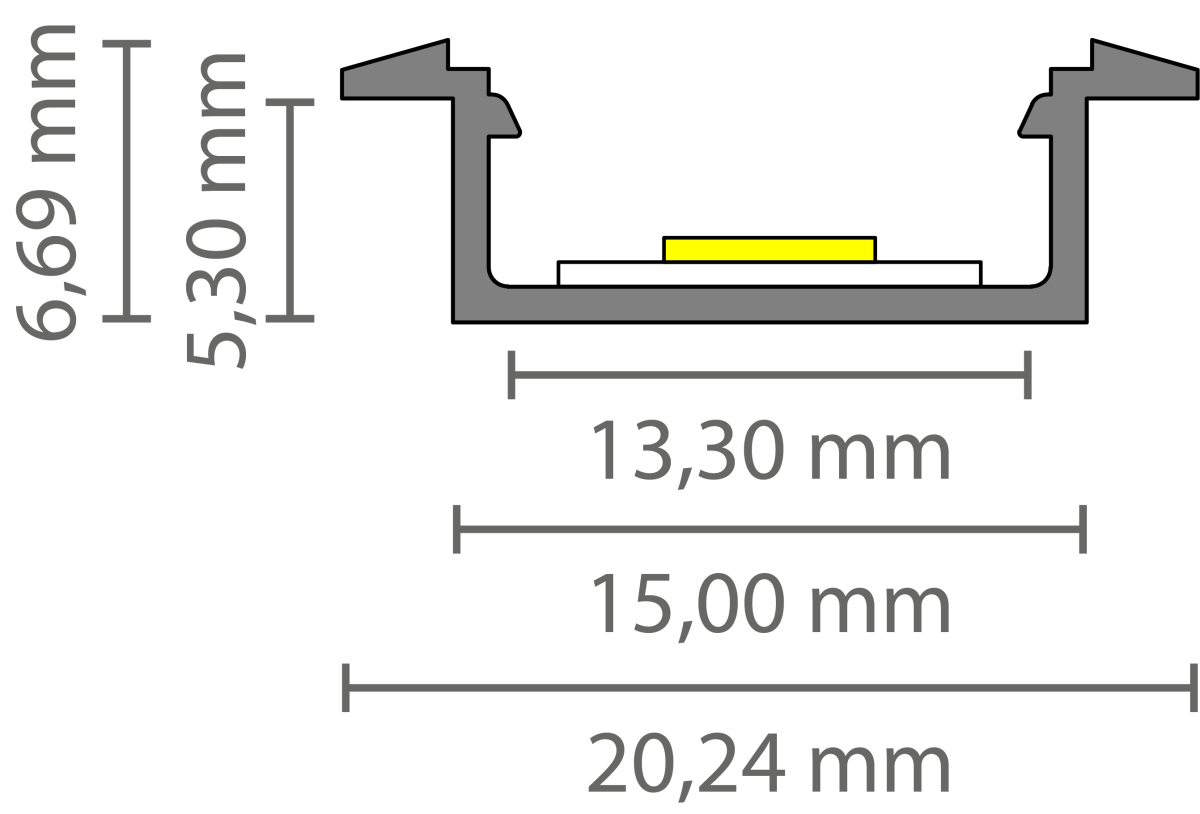 Verzonken LED strip profiel met klikcover 15 mm x 6mm - 308ALU
