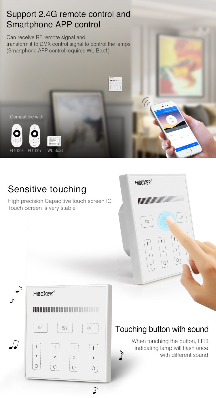 DMX Enkel kleurige LED wanddimmer - DMX 512 en Draadloos MIBOXER - X1