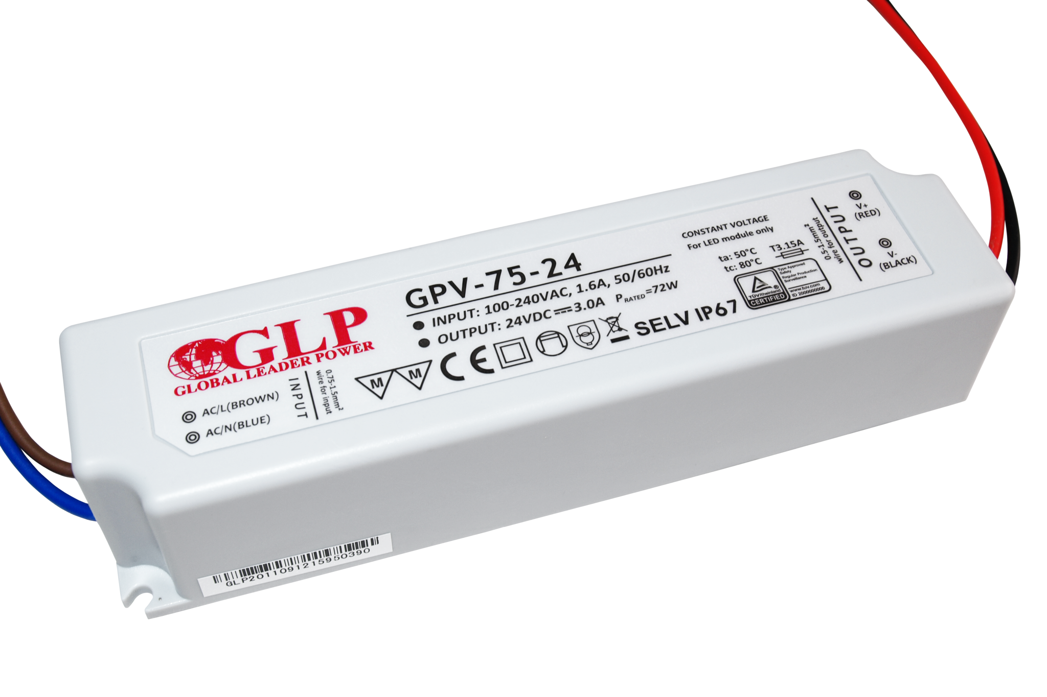 LED driver 75 watt 24 volt 3 Ampère – IP67 waterdicht – 5901885208244- GLP GPV-75-24