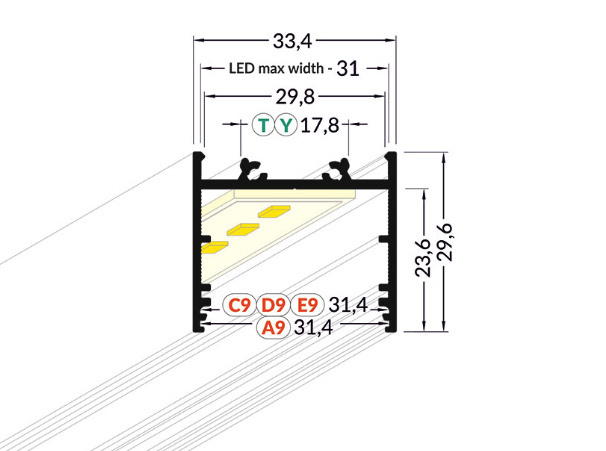VARIO30-02 ACDE-9/TY LED profiel 3 meter - 33,4 x 15,9 mm - Zwart geanodiseerd - met opaal afdekkap