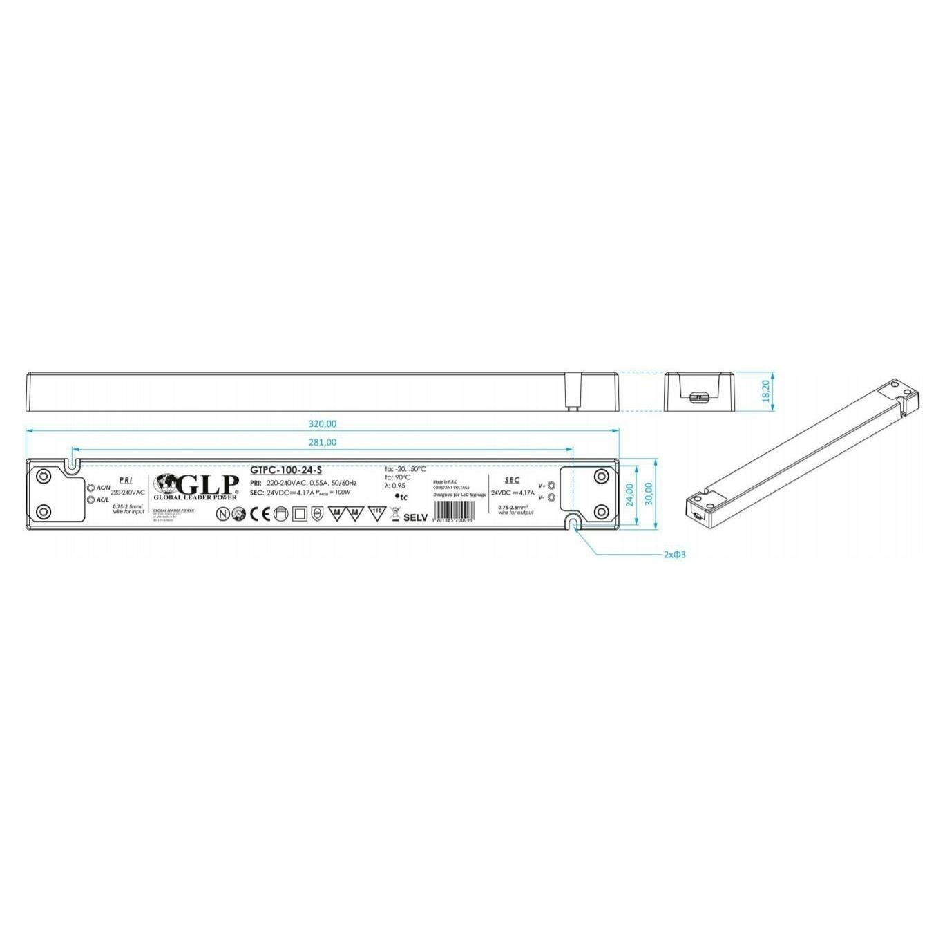 SLIM LED driver 75 watt 24 volt 3.125 Ampère - IP20 - compact - GLP - GTPC-75-24-S