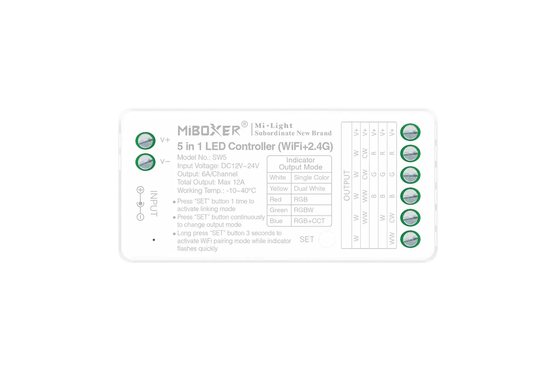 Directe wifi controller TUYA LED controller 5 in 1 - voor Single Color/Dual White/RGB/RGBW/RGBWW/RGBCCT LED strips 12-24v - SW5 SPECIAL