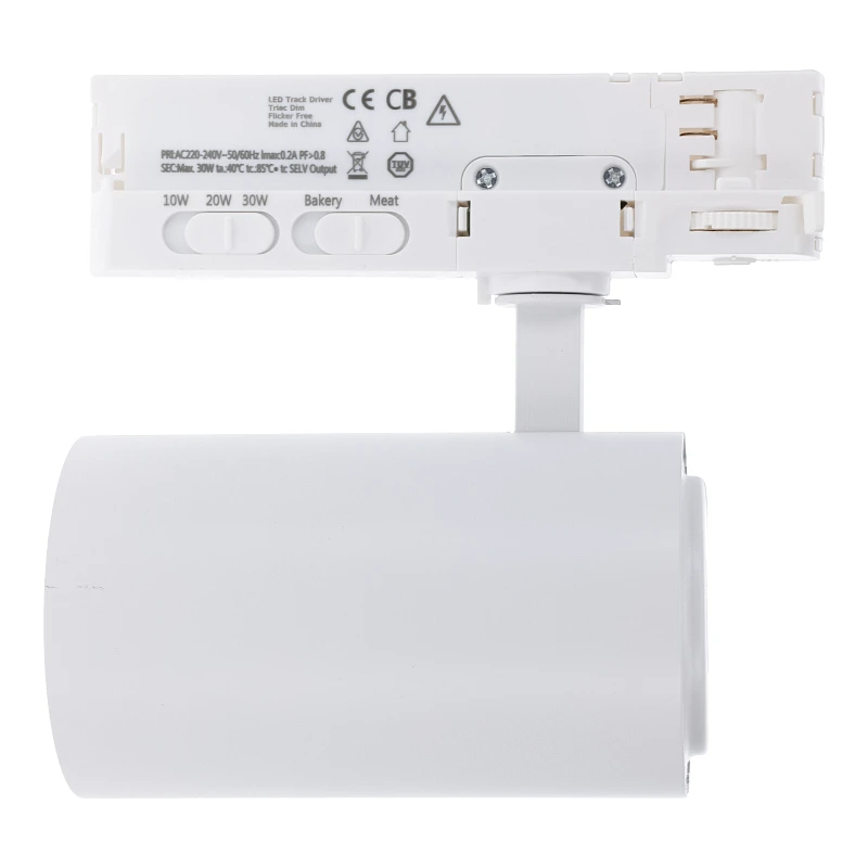 3-fase rail spot voor SLAGER - BAKKER - VISWINKEL - WIT - instelbaar - 10W/20W/30W 38° - ROSA RETAIL FOOD - 2700/3000/4000K