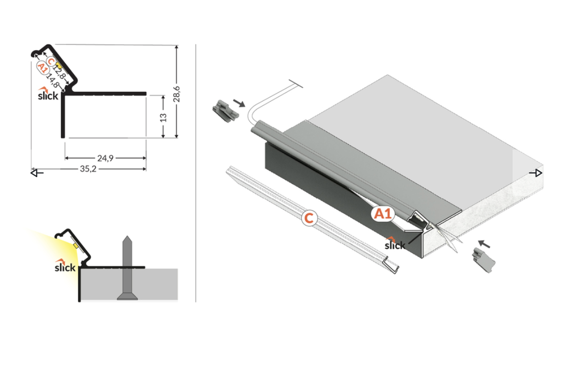 GLOW12 DOWN A1C - Plafond profiel downlight - Alu
