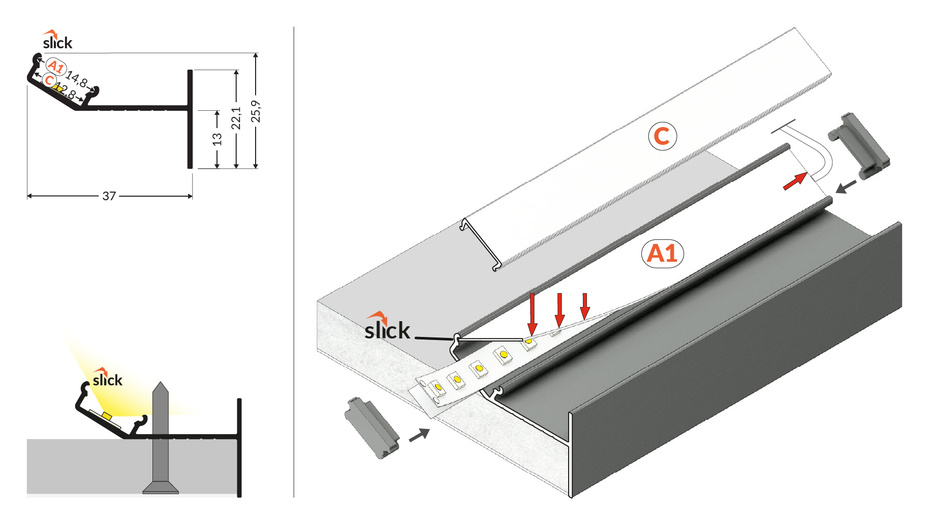 GLOW12 UP A1C - Plafond profiel uplight - afdekking naar keuze