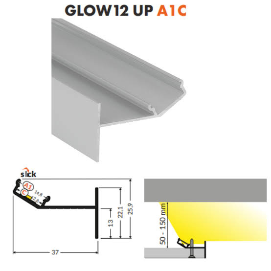 GLOW12 UP A1C - Plafond profiel uplight - afdekking naar keuze