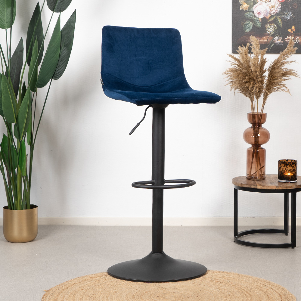 Tabouret de bar velours Frenkie bleu 60-76 cm
