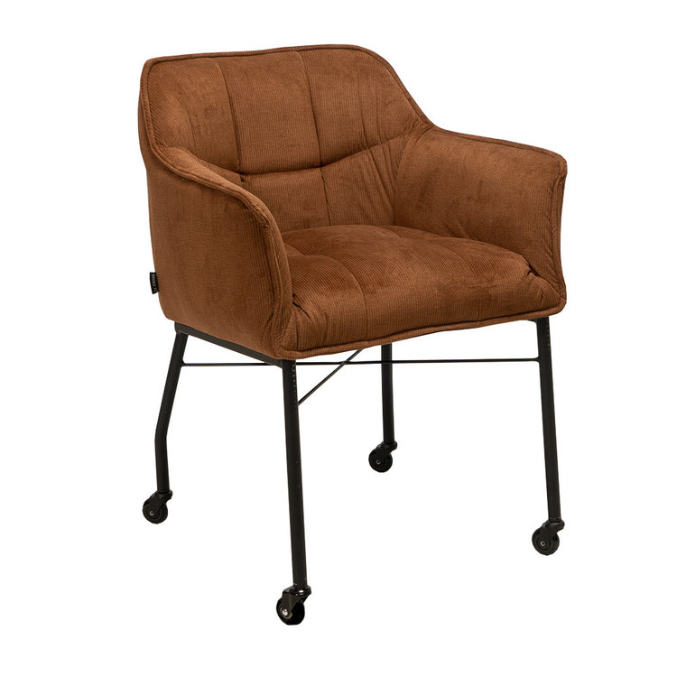 Chaise salle à manger Mace roulettes tissu côtelé cognac