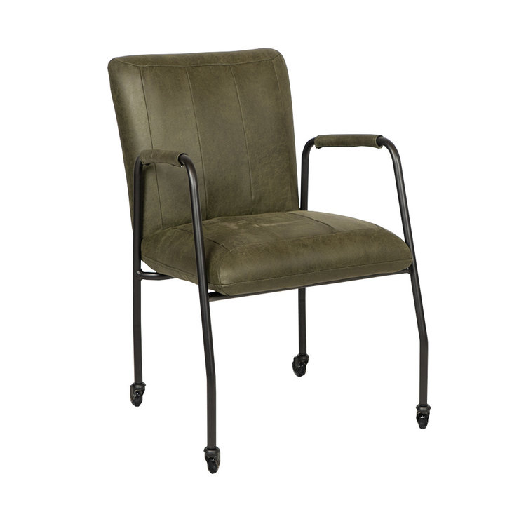 Chaise de salle à manger roulettes Mila éco-cuir  vert olive