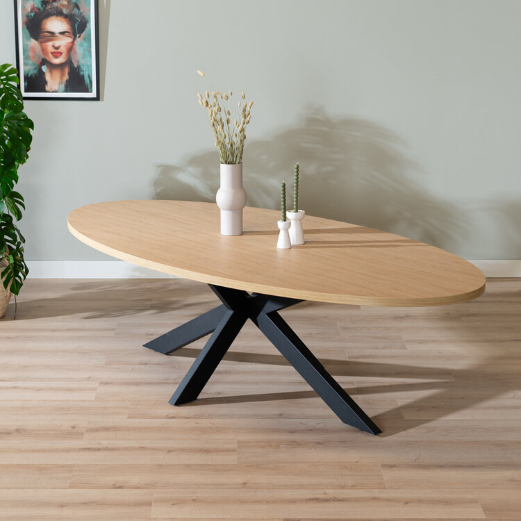 Table à manger ovale aspect chêne melamine Carl 270 x 130 cm