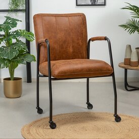 Chaise de salle à manger roulettes Mila éco-cuir cognac