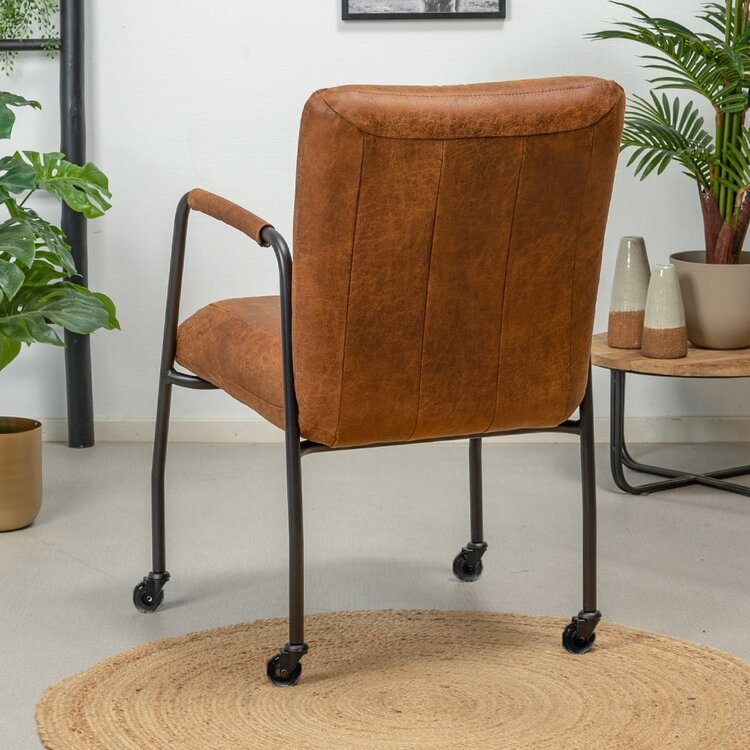 Chaise de salle à manger roulettes Mila éco-cuir cognac