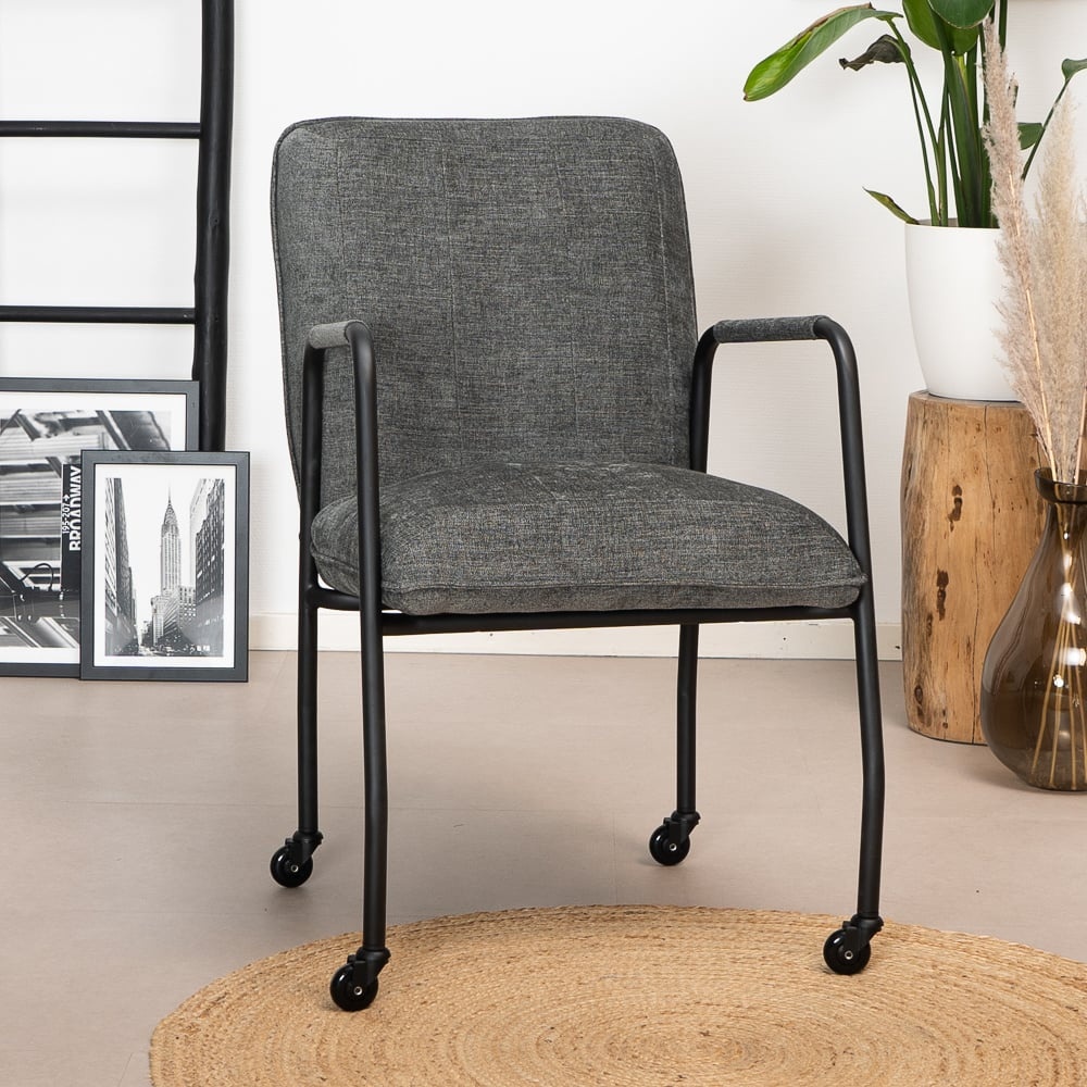 Chaise de salle à manger à roulettes Mila anthracite tissu chiné