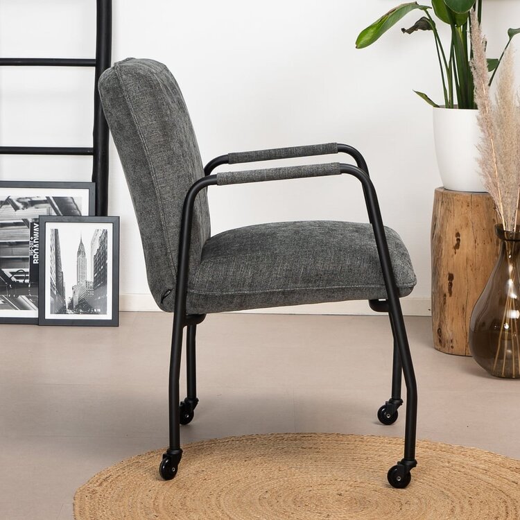 Chaise de salle à manger à roulettes Mila anthracite tissu chiné