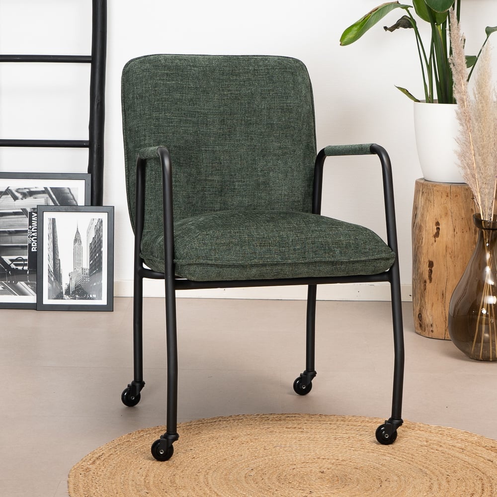 Chaise de salle à manger à roulettes Mila vert tissu chiné