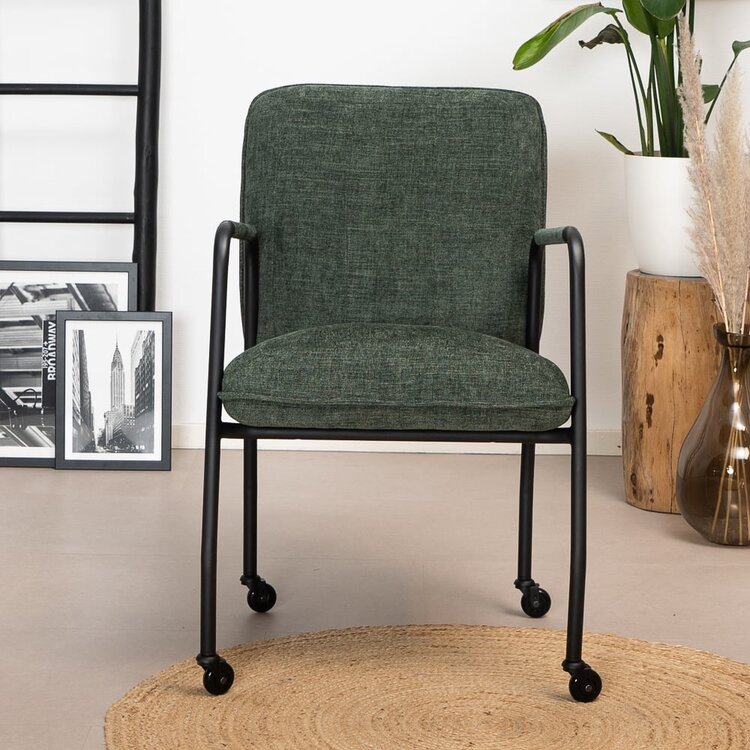 Chaise de salle à manger à roulettes Mila vert tissu chiné