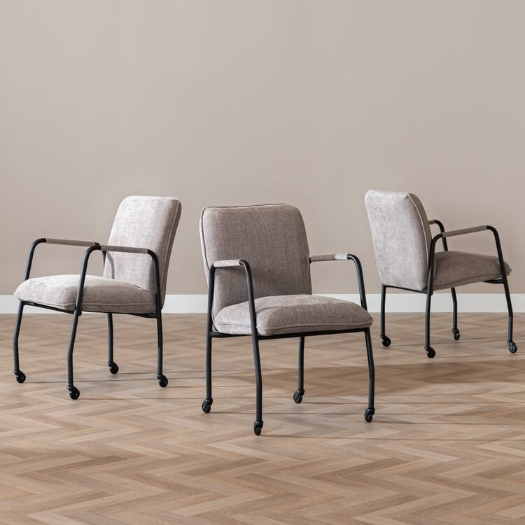 Chaise de salle à manger à roulettes Mila taupe tissu chiné