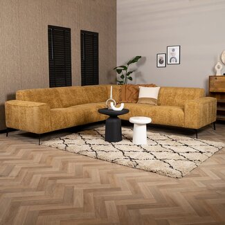 Canapé d'angle Vegas jaune moutarde / cognac tissu chenille