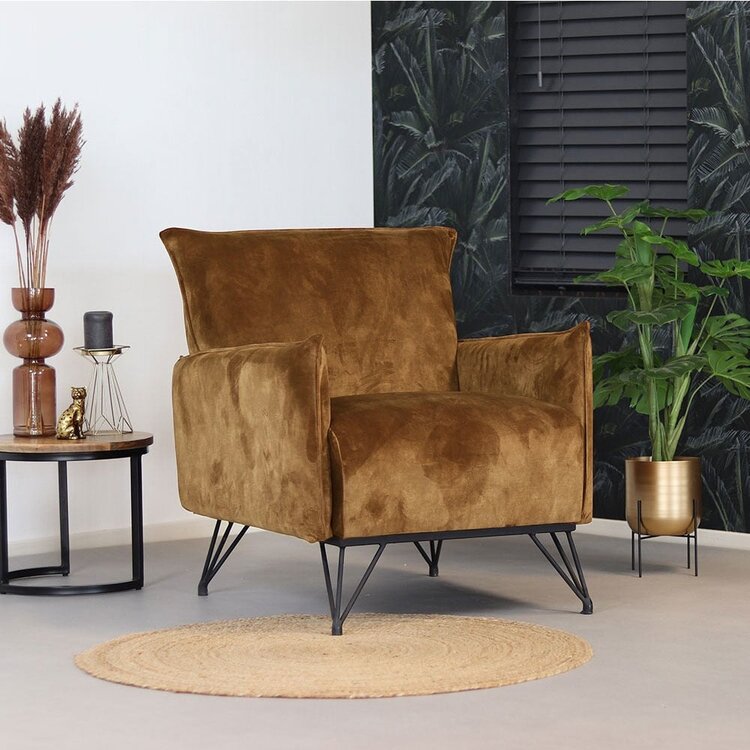 Fauteuil velours Mika  jaune ocre / cognac