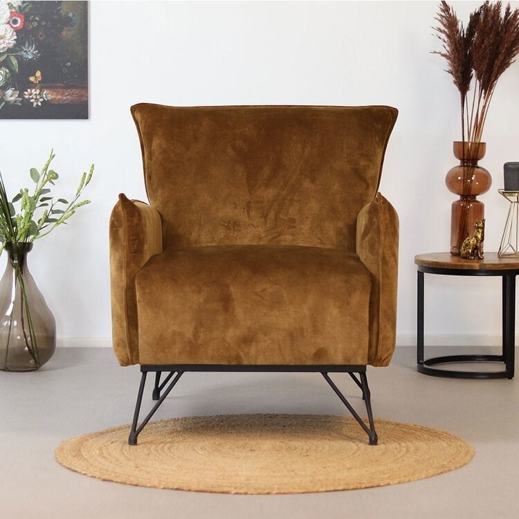 Fauteuil velours Mika  jaune ocre / cognac