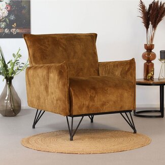 Fauteuil velours Mika jaune ocre / cognac