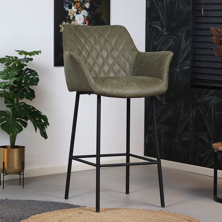 Tabouret de bar industriel Club vert olive éco-cuir 78 cm