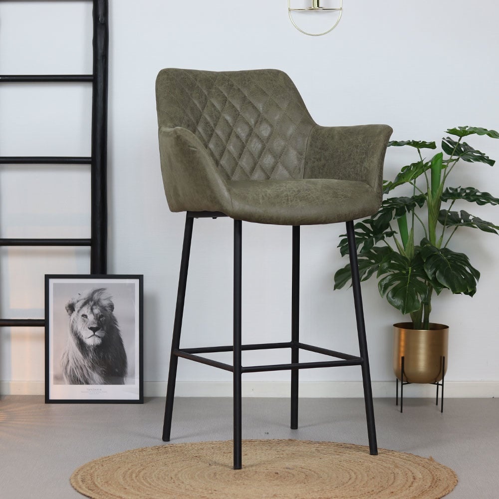 Tabouret de bar industriel Club vert olive éco-cuir 78 cm
