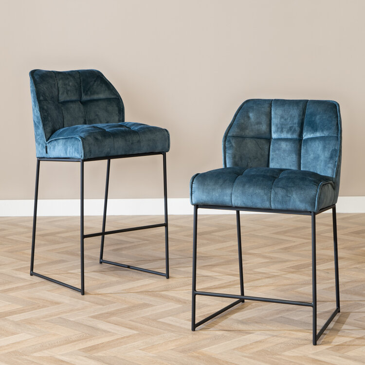 Tabouret de bar en velours Janna bleu 70 cm