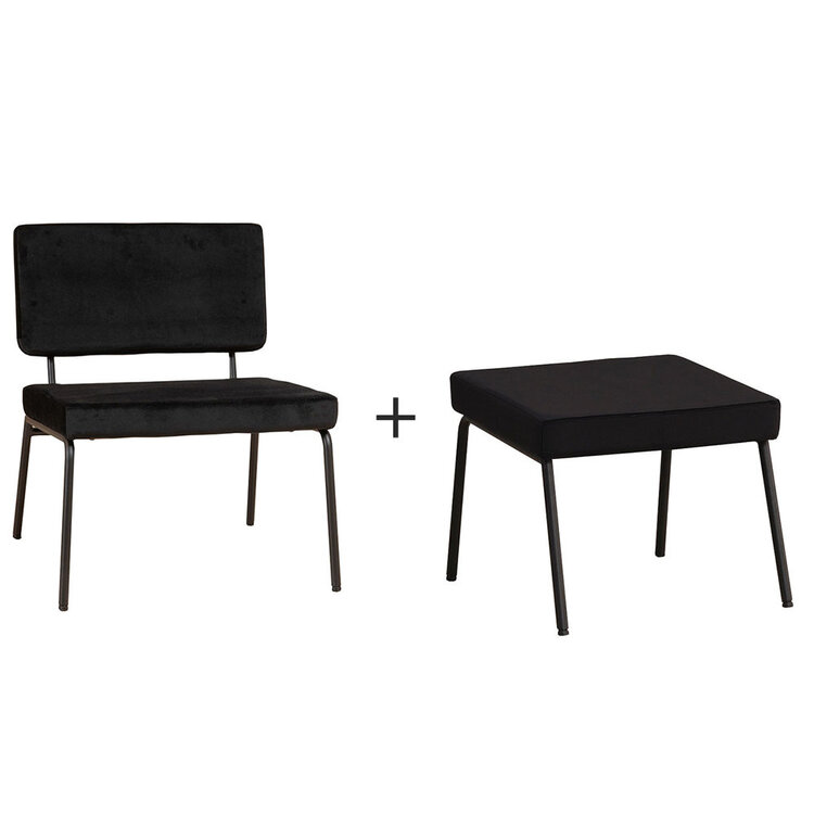 Fauteuil en velours avec pouf Espen noir