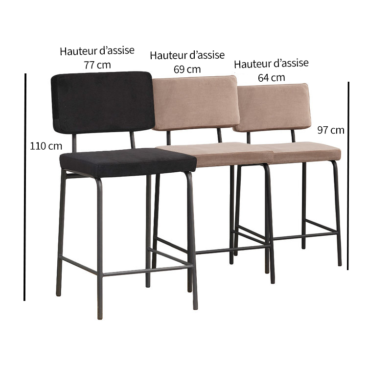 Tabouret de bar en velours Espen noir 64-77 cm