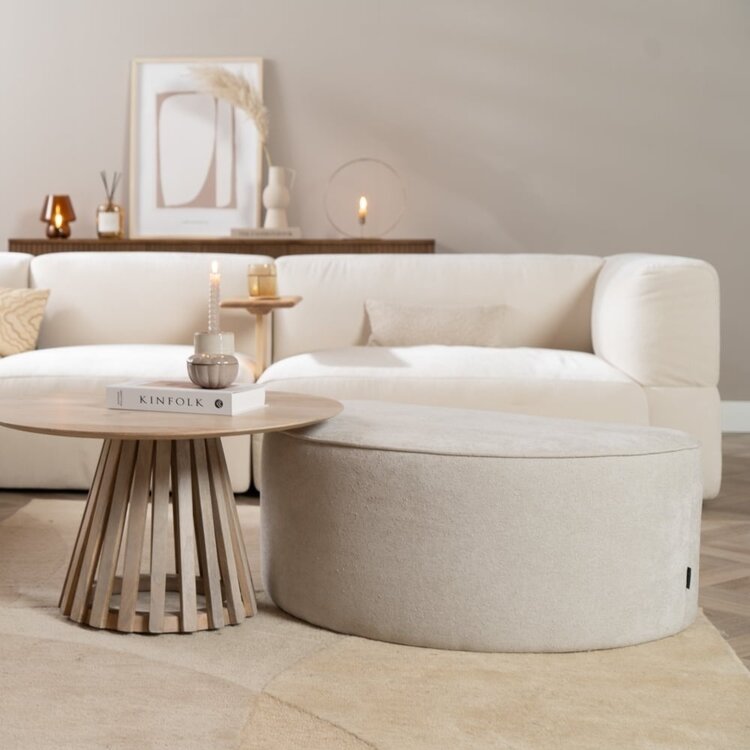 Pouf arrondi Lune demi-lune tissu chenille blanc cassé