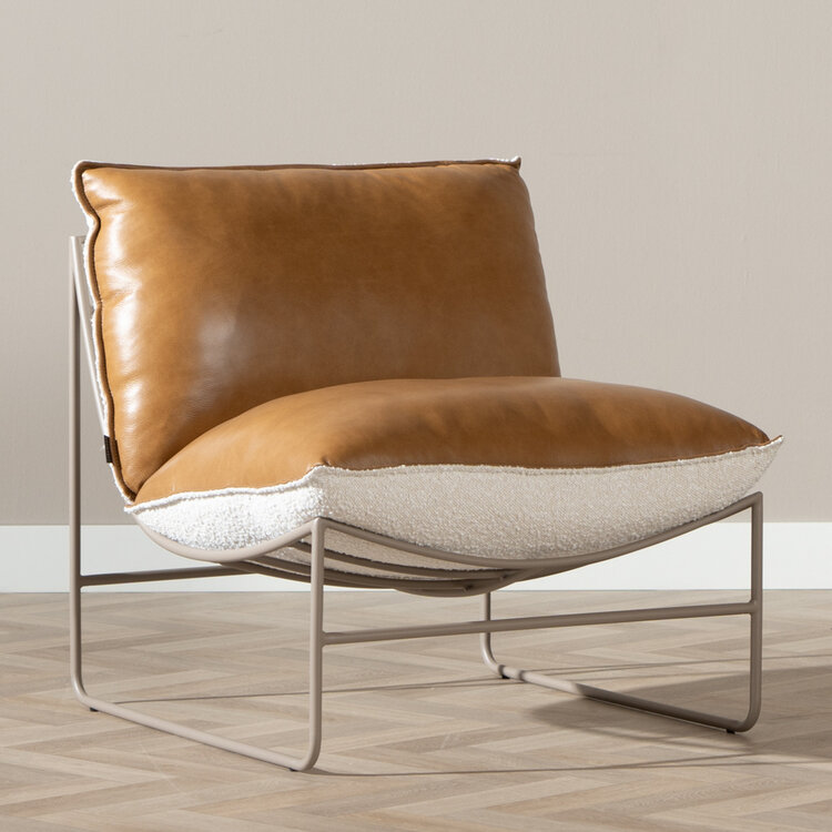 Fauteuil Maceo cuir/bouclette cognac/beige