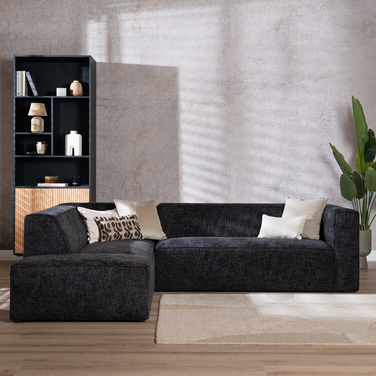 Canapé d'angle Memphis tissu chenille noir gauche