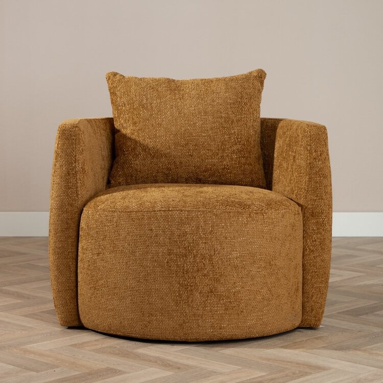Fauteuil tissu chenille Ruby jaune ocre / cognac