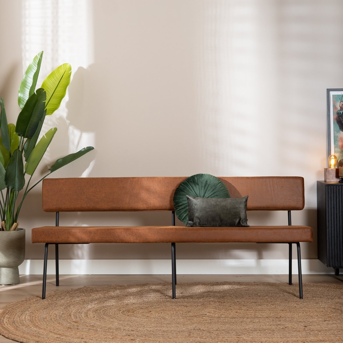 Banc de salle à manger industriel Espen cognac éco-cuir 190 cm