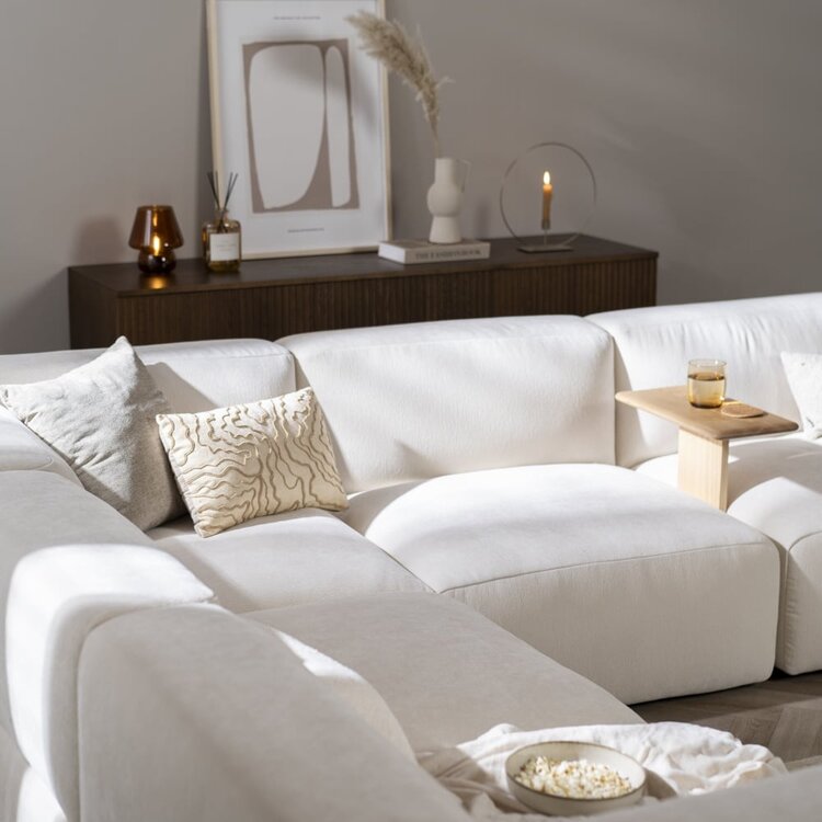 Canapé d'angle scandinave 6 places Karla chenille blanc cassé