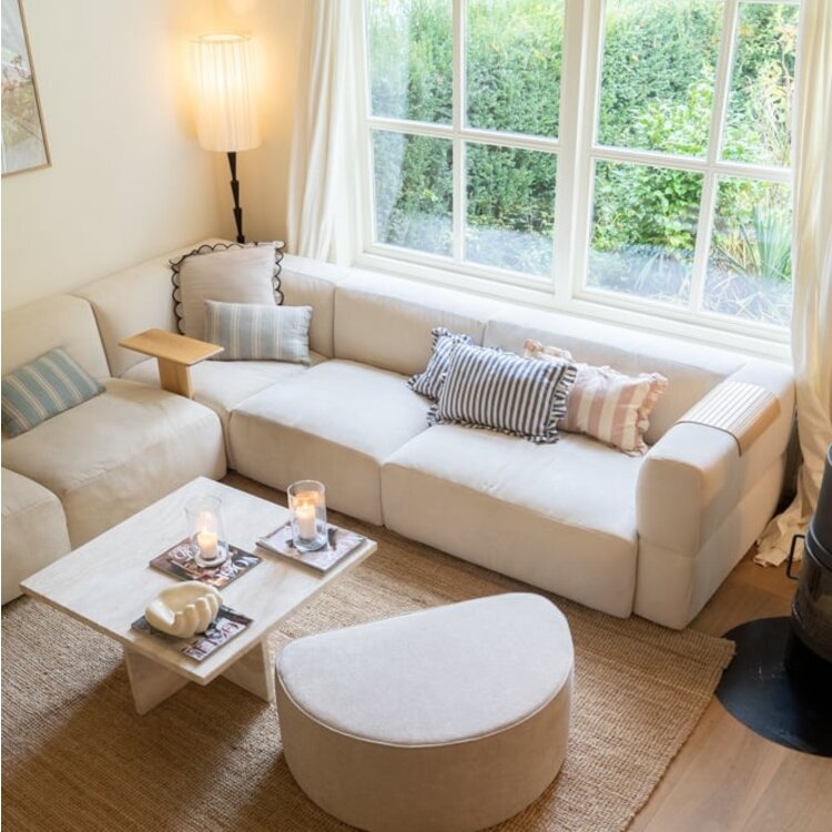 Canapé d'angle scandinave 6 places Karla chenille blanc cassé