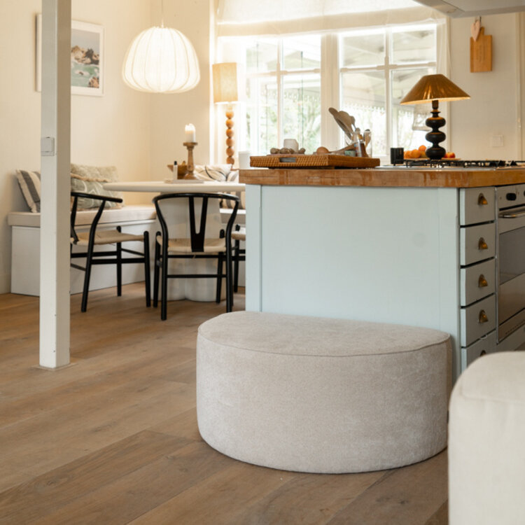 Pouf arrondi Lune demi-lune tissu chenille beige