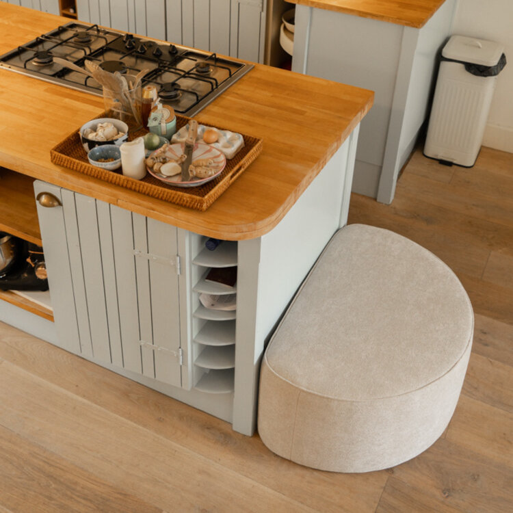 Pouf arrondi Lune demi-lune tissu chenille beige