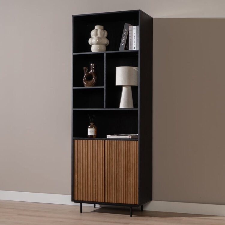 Bibliothèque de rangement Bradley noir / chêne rustique 80x220 cm