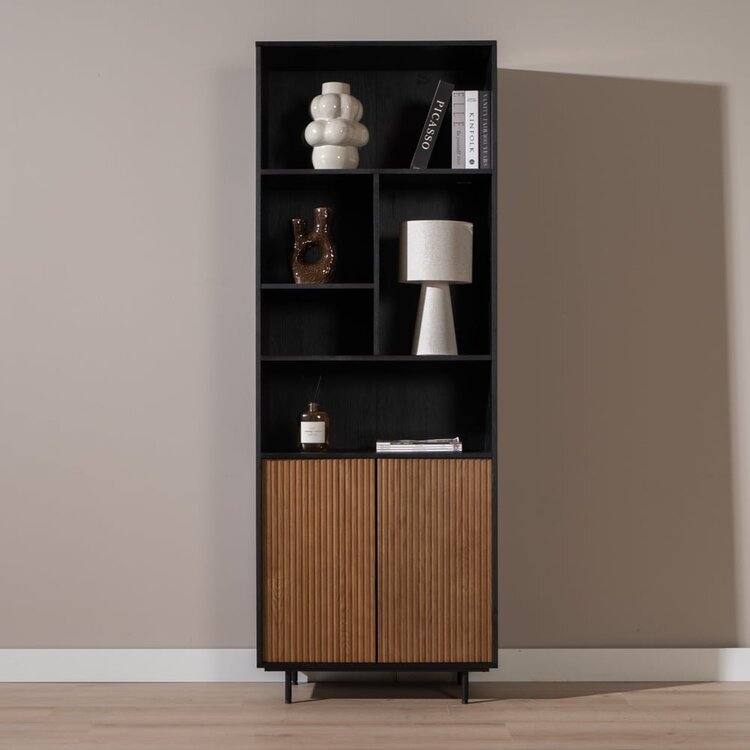 Bibliothèque de rangement Bradley noir / chêne rustique 80x220 cm