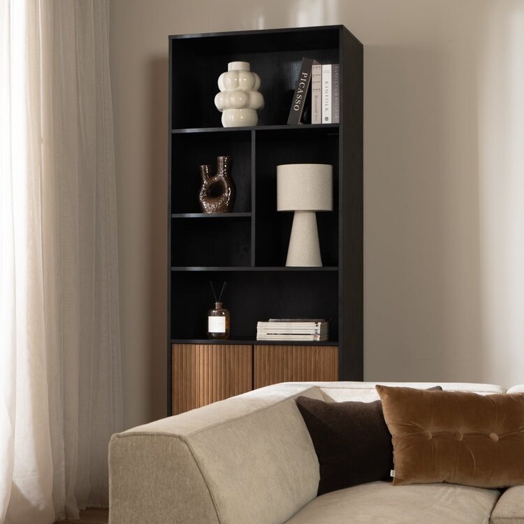 Bibliothèque de rangement Bradley noir / chêne rustique 80x220 cm