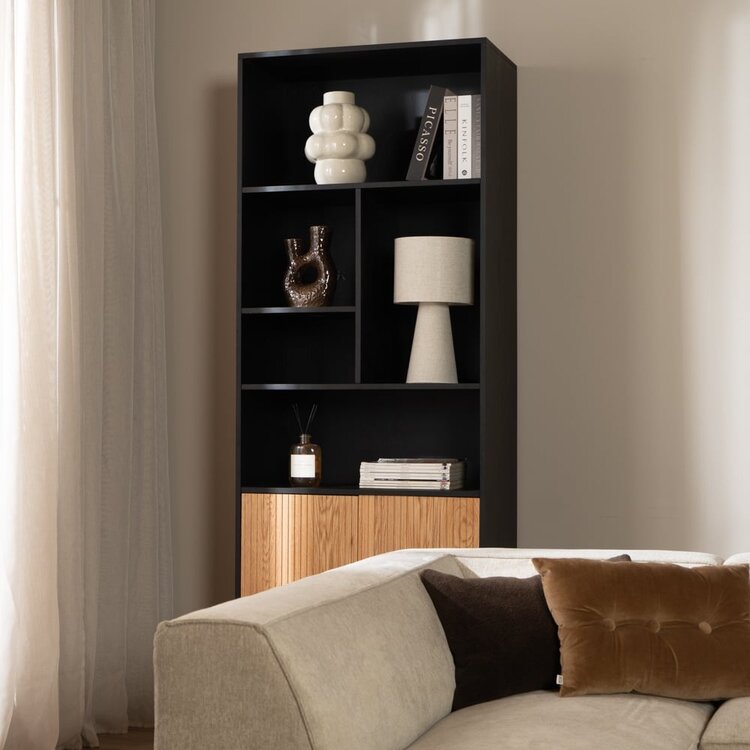 Bibliothèque de rangement Bradley noir / chêne blanc 80x220 cm