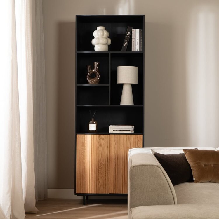 Bibliothèque de rangement Bradley noir / chêne blanc 80x220 cm