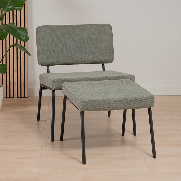 Fauteuil scandinave avec pouf Espen vert tissu recyclé