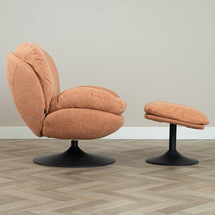 Fauteuil avec pouf Isobel tissu lin orange cuivre