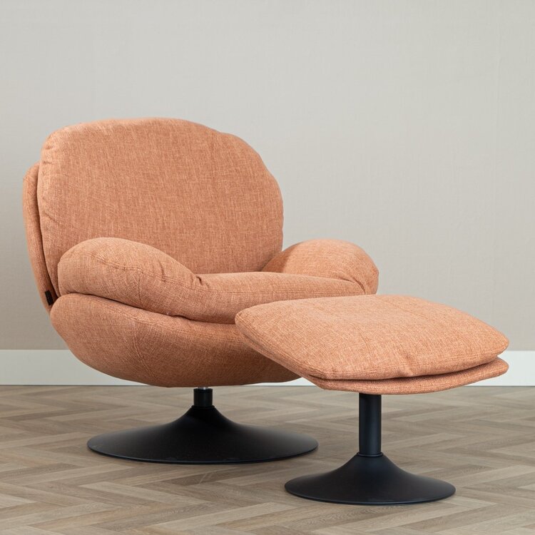 Fauteuil avec pouf Isobel tissu lin orange cuivre
