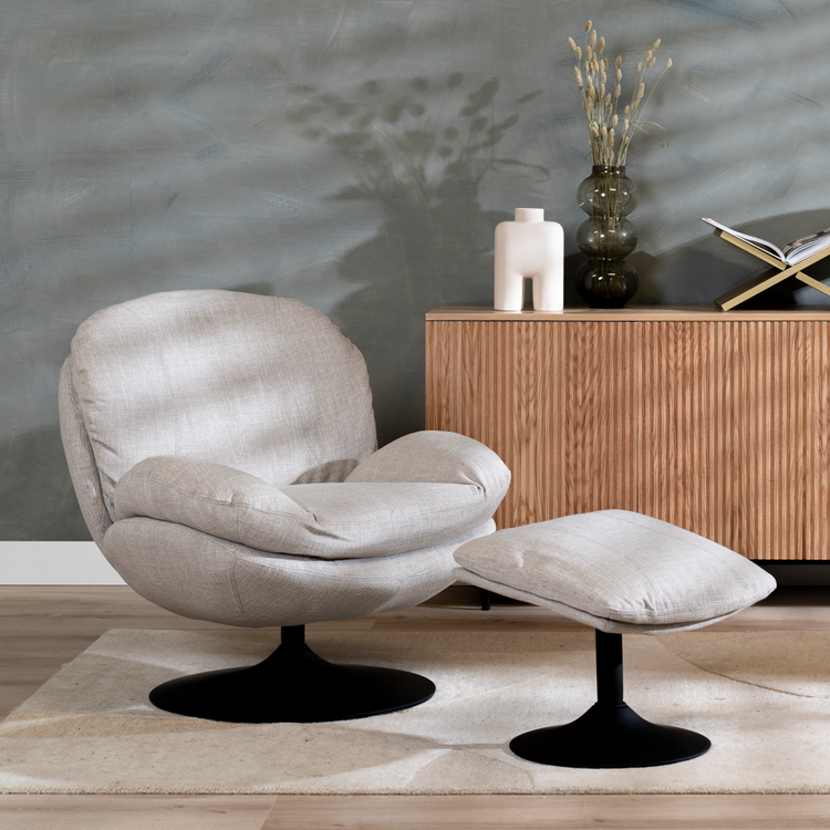 Fauteuil pivotant avec pouf Isobel tissu lin taupe